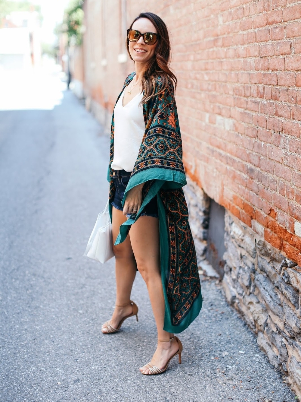 Free People Teal Floral Open-Front Kimono-Tunic-One Size